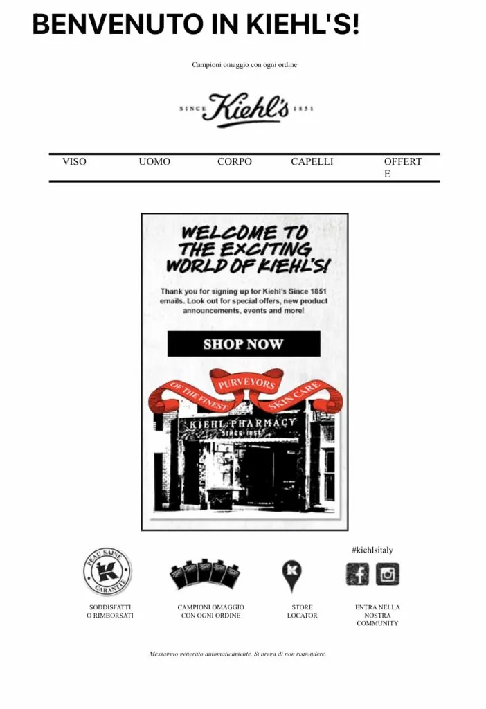 La mail di benvenuto di Kiehl's