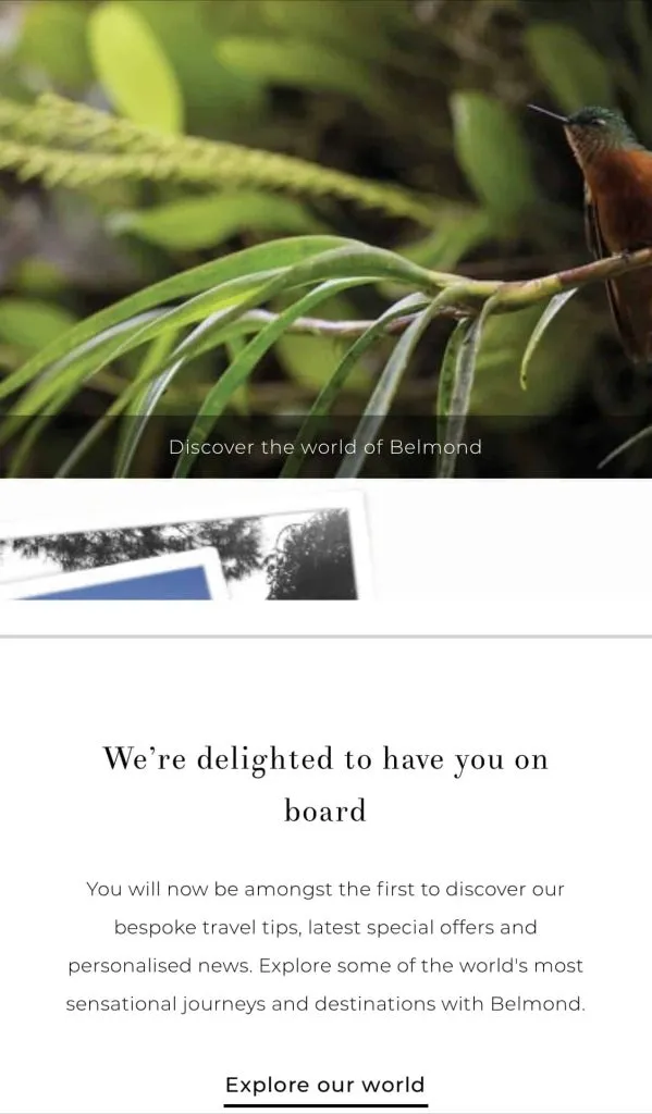 Esempio di mail di benvenuto di Belmond