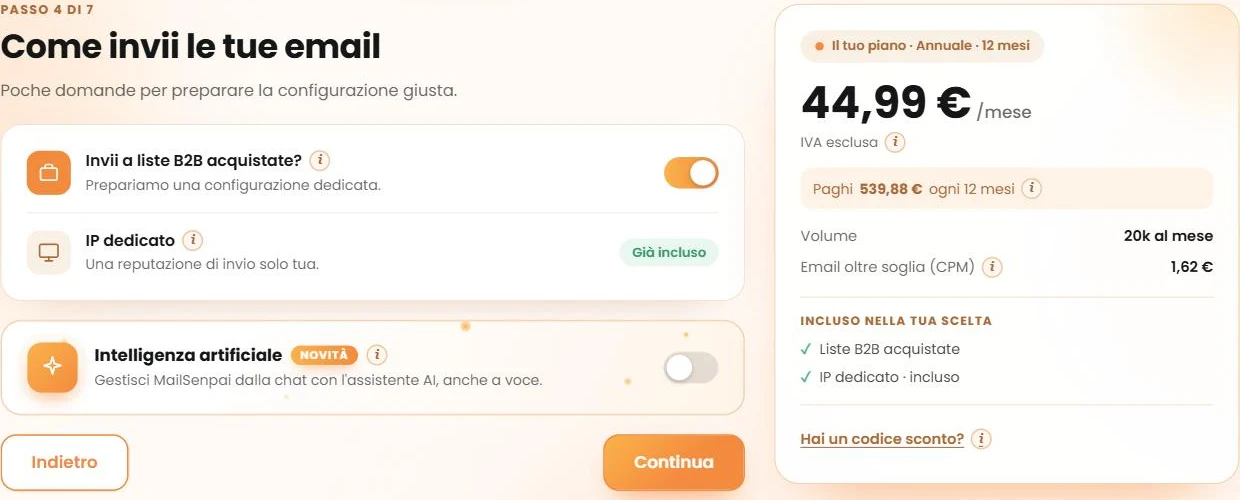 Configuratore di MailSenpai con l'opzione per le liste B2B acquistate attiva e l'IP dedicato incluso