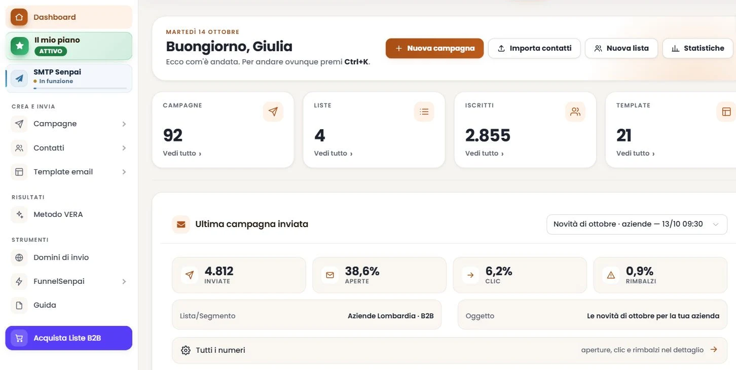 Dashboard di MailSenpai con campagne, liste, iscritti e risultati dell'ultima campagna (dati di esempio)
