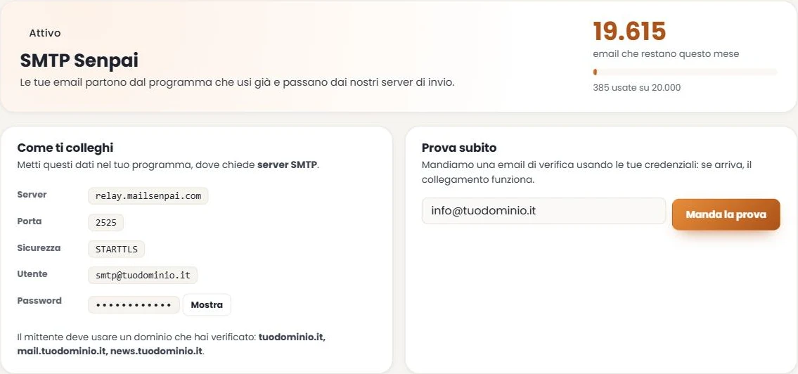 Area SMTP Senpai: i dati per collegare il programma e la prova d'invio