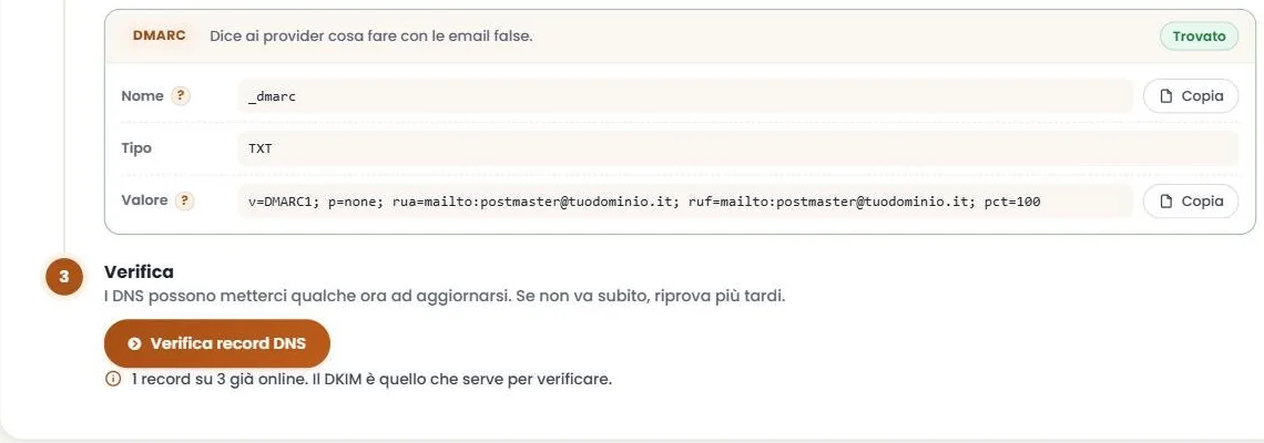 Verifica del dominio: DMARC trovato e pulsante per verificare i record