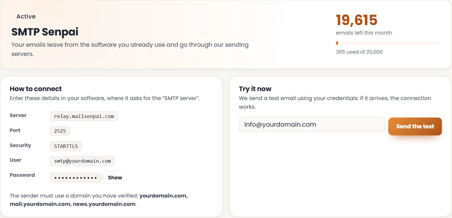 SMTP Senpai customer area: connection details and test send