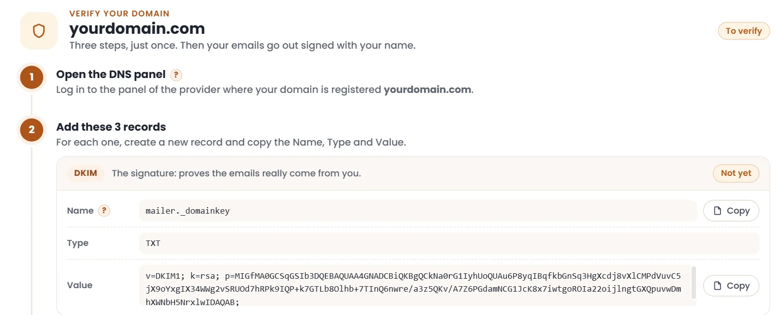 Domain verification: the DKIM record to copy, with its status