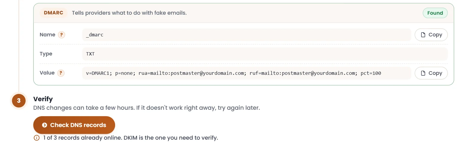 Domain verification: DMARC found and button to check the records