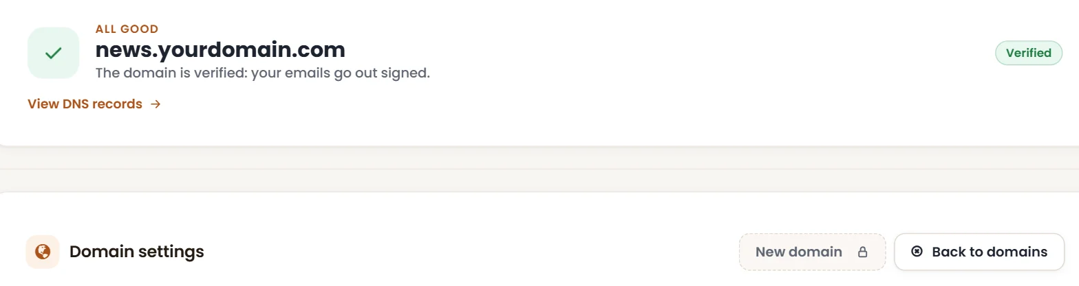 Domain verified: emails go out signed with your domain