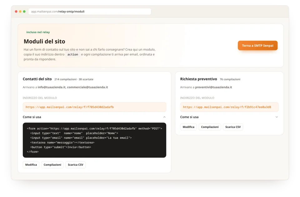 Website forms in the customer area: address to paste into the form and archive of submissions