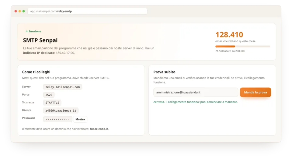 The SMTP Senpai page in the MailSenpai customer area: SMTP credentials and test send